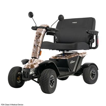 The Pride Baja® Wrangler® 2 Heavy Duty Outdoor Scooter is a four-wheeled all-terrain model with rugged tires, camouflage accents, a black padded seat with armrests, and rear-view mirrors, built for outdoor use.