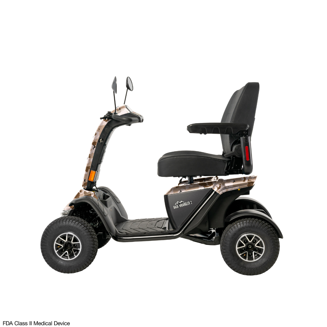 The Pride Baja® Wrangler® 2 Heavy Duty Outdoor Scooter is a four-wheeled, all-terrain model with a high-back seat, armrests, handlebars, and large rugged tires, shown in side profile on a white background.