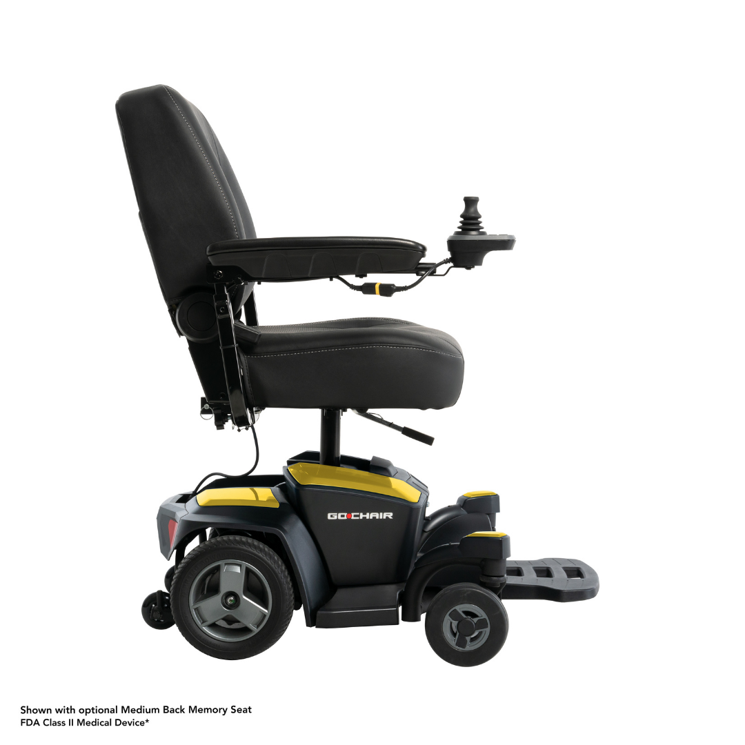 Side view of the Pride Mobility Go Chair® Portable Powerchair in black and yellow, featuring a cushioned seat, armrests, joystick controller, footrest, and enhanced weight capacity, displayed against a white background.