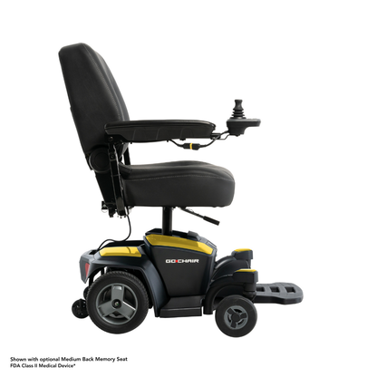 Side view of the Pride Mobility Go Chair® Portable Powerchair in black and yellow, featuring a cushioned seat, armrests, joystick controller, footrest, and enhanced weight capacity, displayed against a white background.