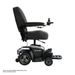 The Pride Mobility Go Chair® Portable Powerchair is shown in side profile against a white background. This black chair features a medium back memory seat, padded armrests, footrest, right-arm joystick control, and compact turning radius.