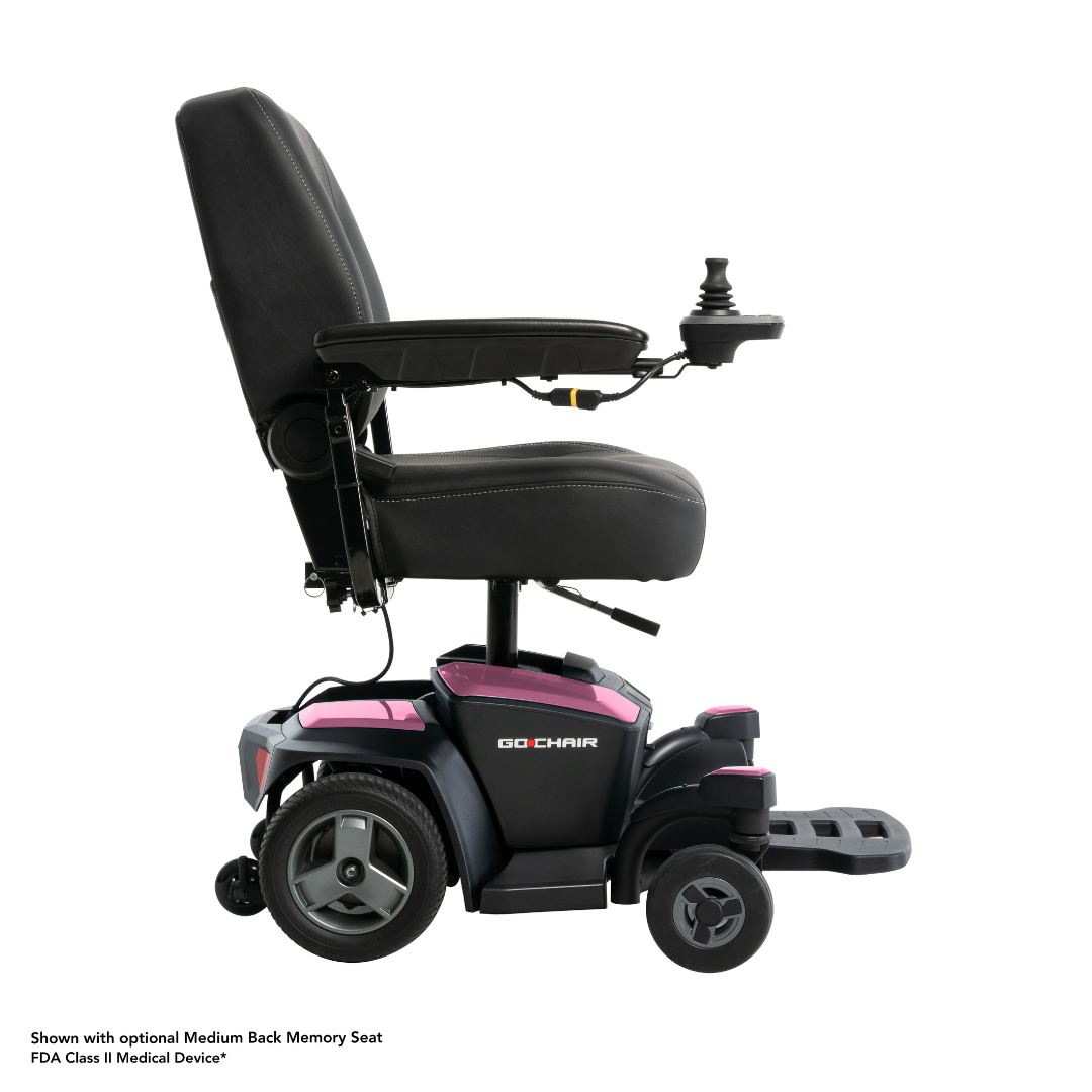 A side view of the Pride Mobility Go Chair® Portable Powerchair shows a black seat, armrests, joystick controller, pink base, extended footrests, rear wheels, and text at the bottom noting an optional seat.
