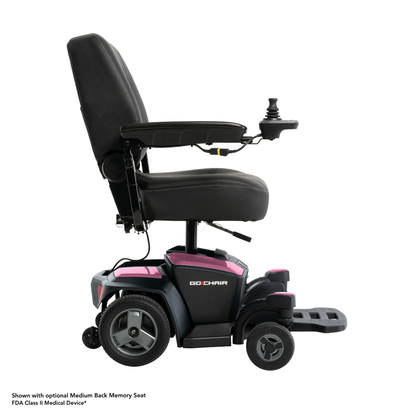 A side view of the Pride Mobility Go Chair® Portable Powerchair shows a black seat, armrests, joystick controller, pink base, extended footrests, rear wheels, and text at the bottom noting an optional seat.