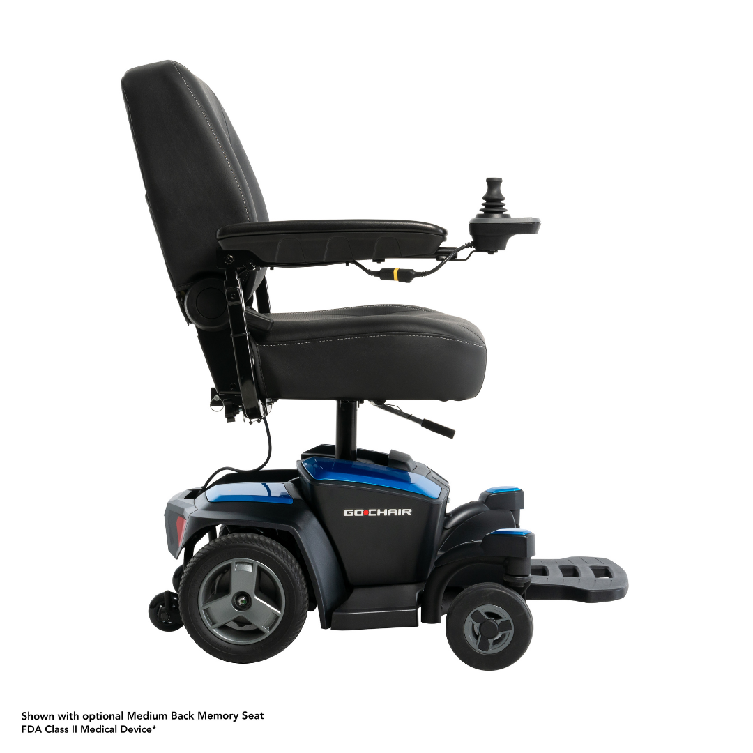 A side view of the Pride Mobility Go Chair® Portable Powerchair in black and blue, featuring a padded seat, armrests, joystick controller, footrest, and four wheels. Optional medium back memory seat enhances agility.