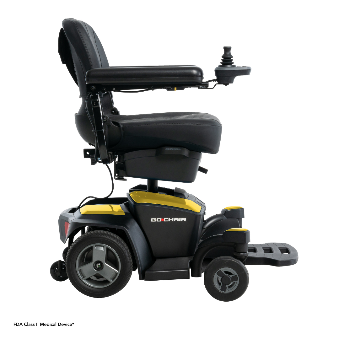 Side view of the Pride Mobility Go Chair® Portable Powerchair, a modern black and yellow electric wheelchair featuring a padded seat, armrests, right-arm joystick, sturdy wheels, extended footrest, and a compact foldable design for easy transport.
