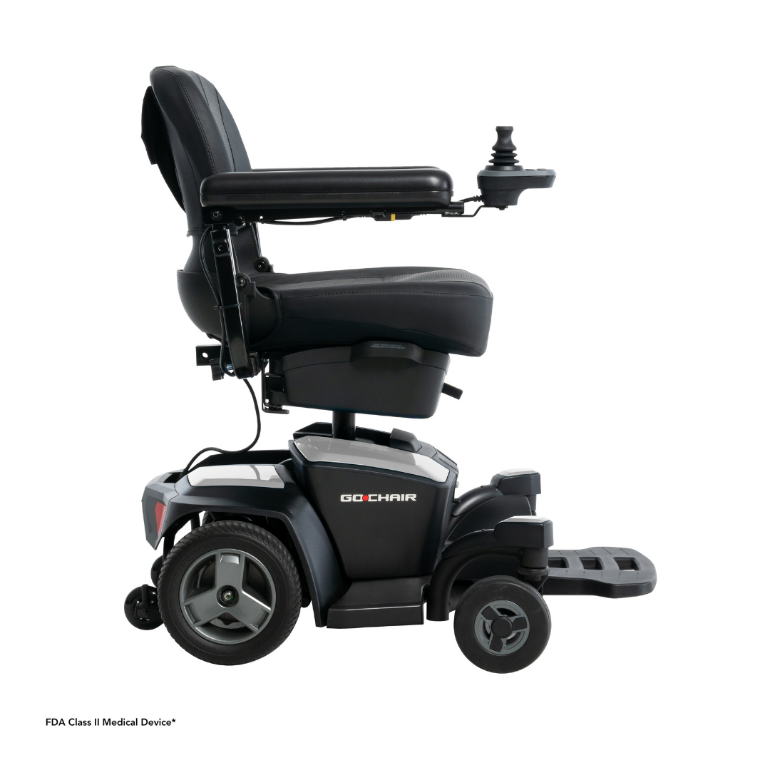 The Pride Mobility Go Chair® Portable Powerchair, shown in black with armrests, right-arm joystick, padded seat, and footrest against a white background, delivers enhanced agility for smooth and effortless movement.