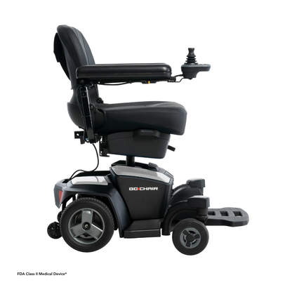The Pride Mobility Go Chair® Portable Powerchair, shown in black with armrests, right-arm joystick, padded seat, and footrest against a white background, delivers enhanced agility for smooth and effortless movement.