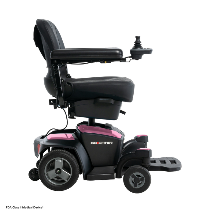 The Pride Mobility Go Chair® Portable Powerchair is a compact, portable wheelchair with a black cushioned seat, right-arm joystick control, and black base with pink accents. It features feather-touch disassembly for easy transport.