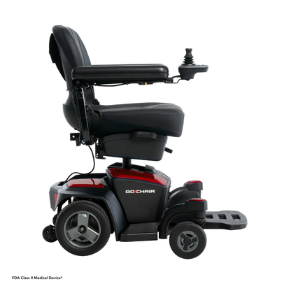 The Pride Mobility Go Chair® Portable Powerchair, shown in black and red with padded seat, armrests, and joystick controller in side profile on a white background, offers vibrant style, enhanced agility, and comfortable mobility.