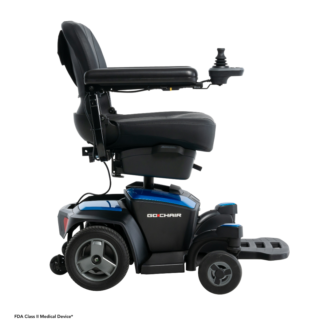 Side view of the Pride Mobility Go Chair® Portable Powerchair in blue and black, featuring a padded seat, armrests, footrest, joystick controller, vibrant colors, and Go-Chair branding on the side.