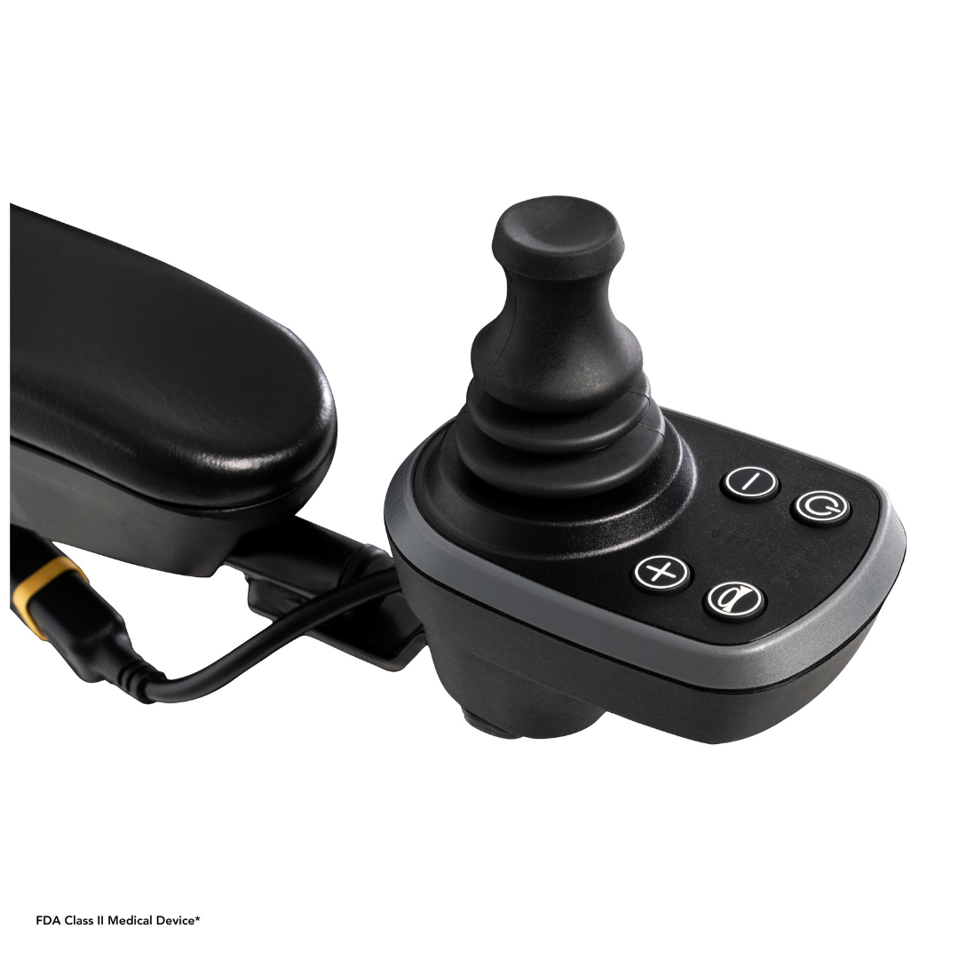 Close-up of the Pride Mobility Go Chair® Portable Powerchair’s black joystick controller, featuring plus, minus, power, and horn buttons on the armrest of this high weight capacity mobility device.