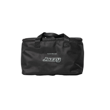 Black rectangular carrying case with two handles and a zipper, featuring "Jazzy" in gray on the front—ideal for storing Accessories For The Jazzy® Carbon HD Powerchair.