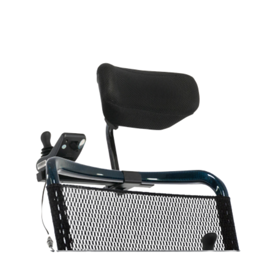 Close-up of Accessories For The Jazzy® Carbon 27 Powerchair: wheelchair headrest, black mesh back support, and joystick control panel, all shown isolated on a white background.