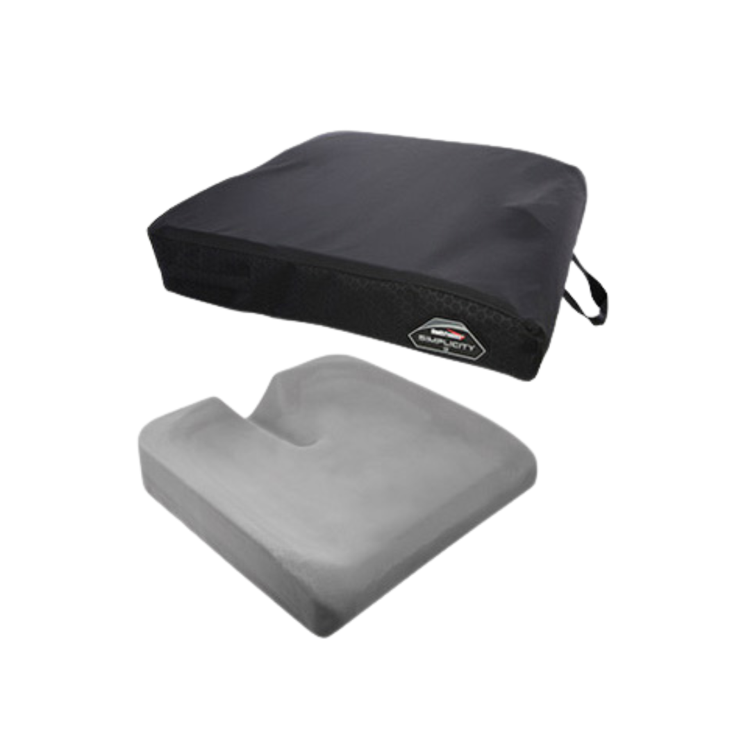 A black, rectangular seat cushion with a handle—designed for the Jazzy® Carbon HD Powerchair—plus its gray contoured memory foam insert are displayed separately on a white background.