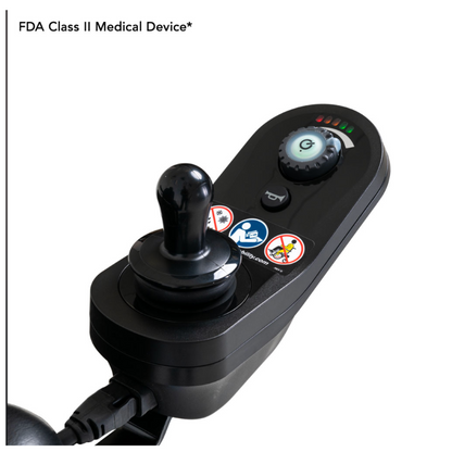 Close-up of a black electronic control panel with a joystick and buttons, labeled FDA Class II Medical Device, featuring visual indicators and icons. It connects to the Pride Jazzy® Elite 14 Powerchair, renowned for its front-wheel drive and robust design.