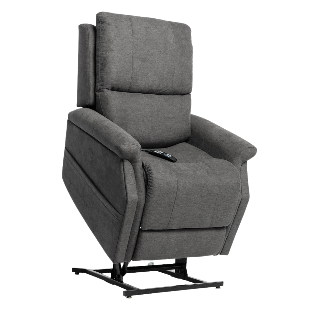 The Pride VivaLift! Metro 2 Recliner with Lift Assist features gray upholstery, padded armrests and backrest, a partially elevated metal base, and includes a remote control resting on the seat.