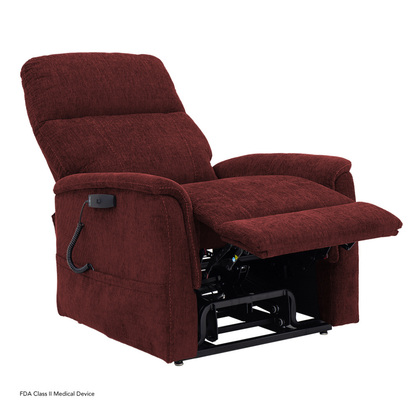 The Pride Mobility Genesis LC150 Lift Chair Recliner is a plush burgundy recliner with a partially raised footrest and remote control attached, shown against a plain white background—see product specifications for details.