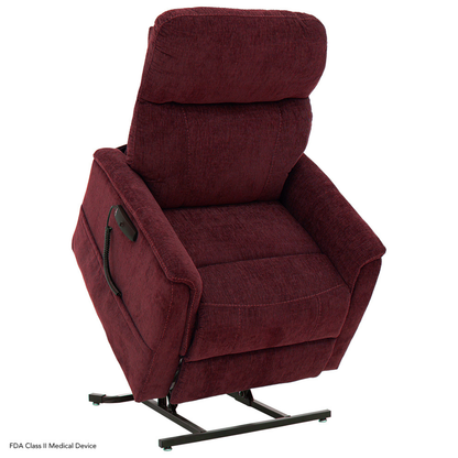 The Pride Mobility Genesis LC150 Lift Chair Recliner, shown in burgundy upholstery, is partially elevated with its remote control attached and metal lifting legs visible—see the spec table for full product details.