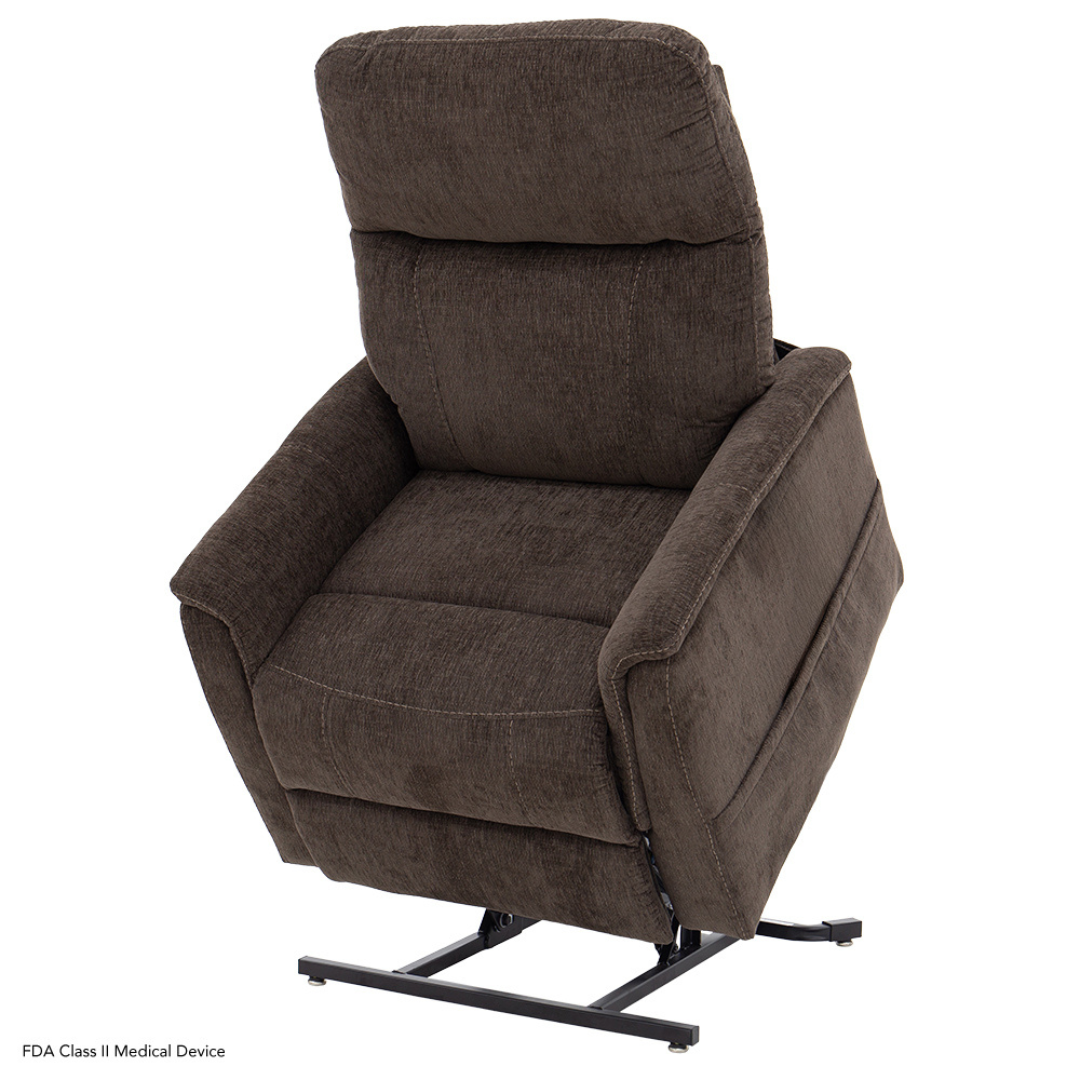 The Pride Mobility Genesis LC150 Lift Chair Recliner features brown fabric upholstery and a metal power lift base to help users stand up or sit down with ease. See the spec-table for complete product specifications.