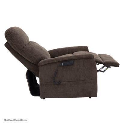 The Pride Mobility Genesis LC150 Lift Chair Recliner is shown fully reclined with footrest extended and a wired remote attached to the side. Full product specifications are listed in the spec table. Background is plain white.