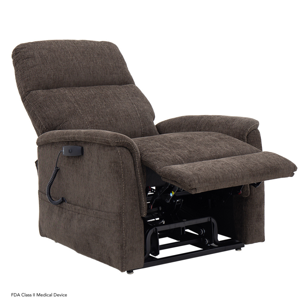 The Pride Mobility Genesis LC150 Lift Chair Recliner is a brown fabric chair with an extended footrest and a corded remote. Its cushioned, comfortable design suits relaxation or medical needs—see product specs for details.