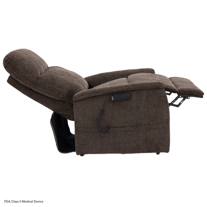Side view of the Pride Mobility Genesis LC150 Lift Chair Recliner in brown upholstery, fully reclined with an extended footrest and a wired remote control on the armrest. See spec table for full product details.