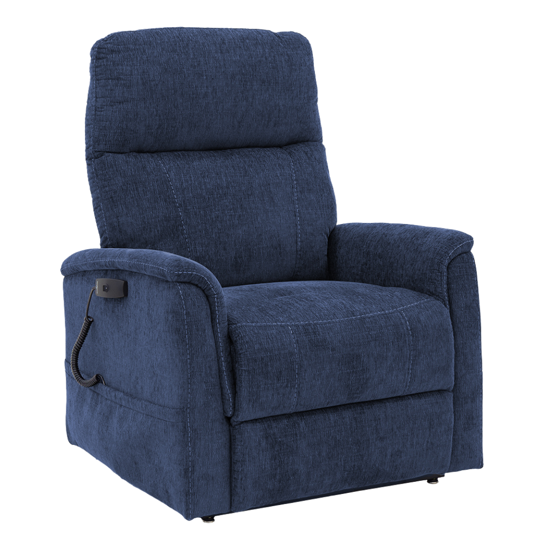The Pride Mobility Genesis LC150 Lift Chair Recliner features plush blue fabric, a high backrest, padded armrests, and a side control panel with cord—combining comfort and functionality for any specifications table.