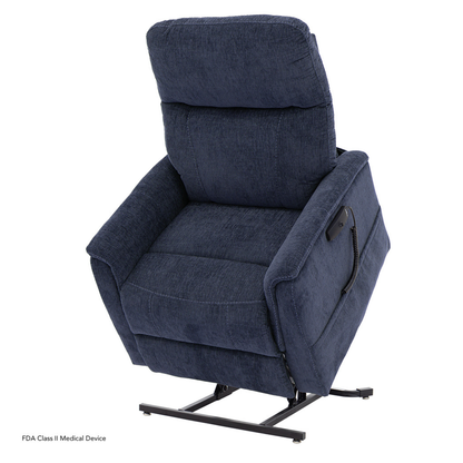 The Pride Mobility Genesis LC150 Lift Chair Recliner features navy blue fabric, padded armrests and backrest, and a metal lift base. A corded remote control is attached on the side. See the specifications table for full product details.
