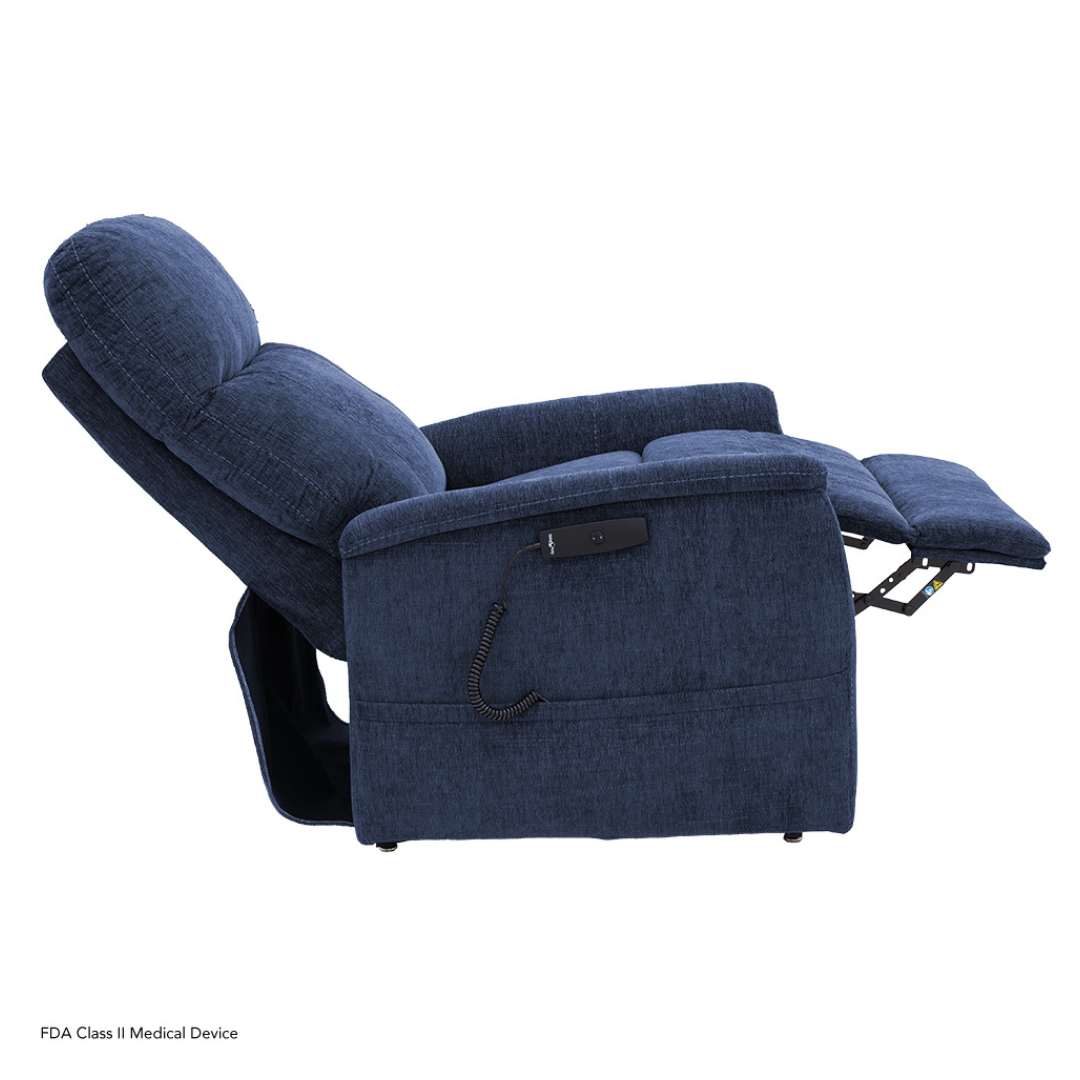 The Pride Mobility Genesis LC150 Lift Chair Recliner, shown fully reclined in blue upholstery with a corded remote on the side, is displayed against a white background. See product specifications for details.