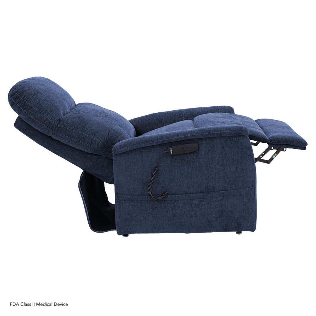 The Pride Mobility Genesis LC150 Lift Chair Recliner, shown in blue upholstery fully extended with footrest up, features a corded remote attached to the side. See product specifications for more details. Background is plain white.