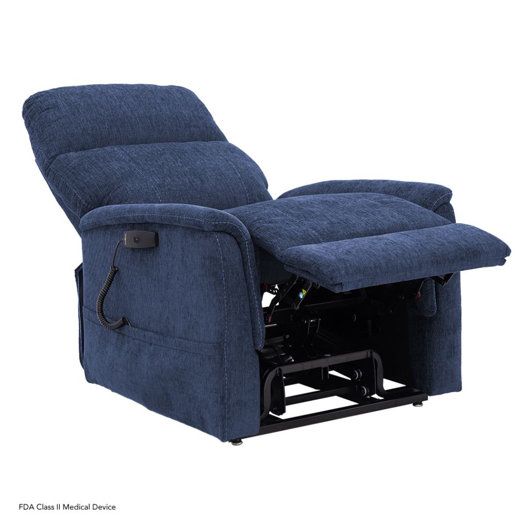 The Pride Mobility Genesis LC150 Lift Chair Recliner, shown in blue fabric with an extended footrest and remote control on the armrest, offers comfort and convenience. See the spec table for full product specifications.