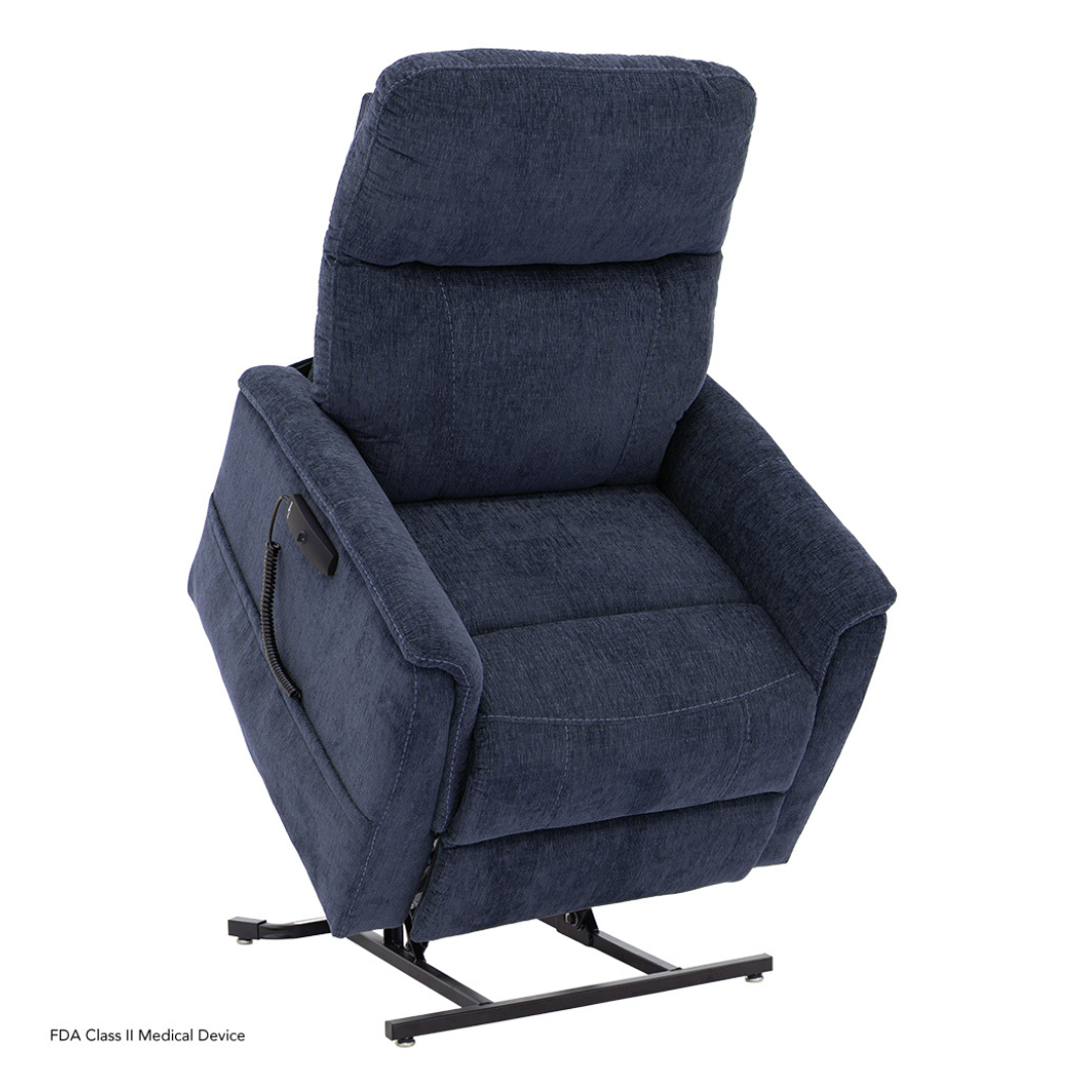 The Pride Mobility Genesis LC150 Lift Chair Recliner is a dark blue upholstered chair with a side remote control pocket, partially elevated on a metal base for mobility assistance. See the specifications table for detailed info.