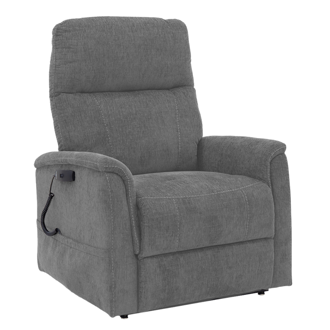 The Pride Mobility Genesis LC150 Lift Chair Recliner is a gray fabric chair with padded armrests and backrest, plus a control panel and remote on the left for reclining adjustment. See spec table for full details and specifications.