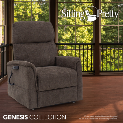 The Pride Mobility Genesis LC150 Lift Chair Recliner in brown sits on a wooden floor with large windows behind it. Text: “Sitting Pretty, Genesis Collection.” See product specs for details. FDA: aids those with mobility impairments.