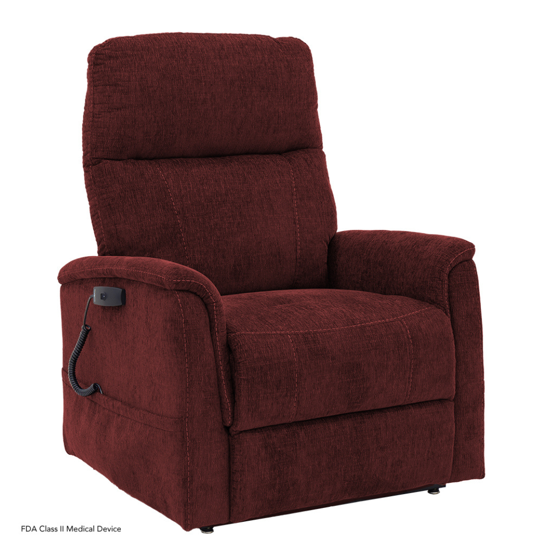 Experience comfort and support with the Pride Mobility Genesis LC150 Lift Chair Recliner, a deep red plush chair featuring padded armrests, a cushioned backrest, and an attached remote control on the left side. See specs for details.
