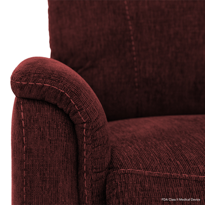 Close-up of the arm and seat of the Pride Mobility Genesis LC150 Lift Chair Recliner, showing plush burgundy fabric, visible stitching, and textured upholstery—ideal for adding detailed product specs to your table.