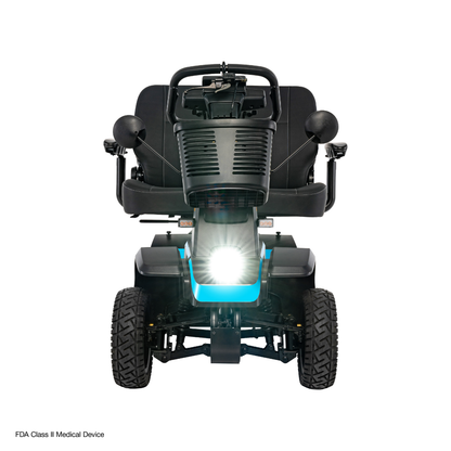 Front view of the Pride Mobility PX4 HD Bariatric Scooter in black, featuring large tires, two armrests, handlebars, and a lit headlight, displayed against a white background.