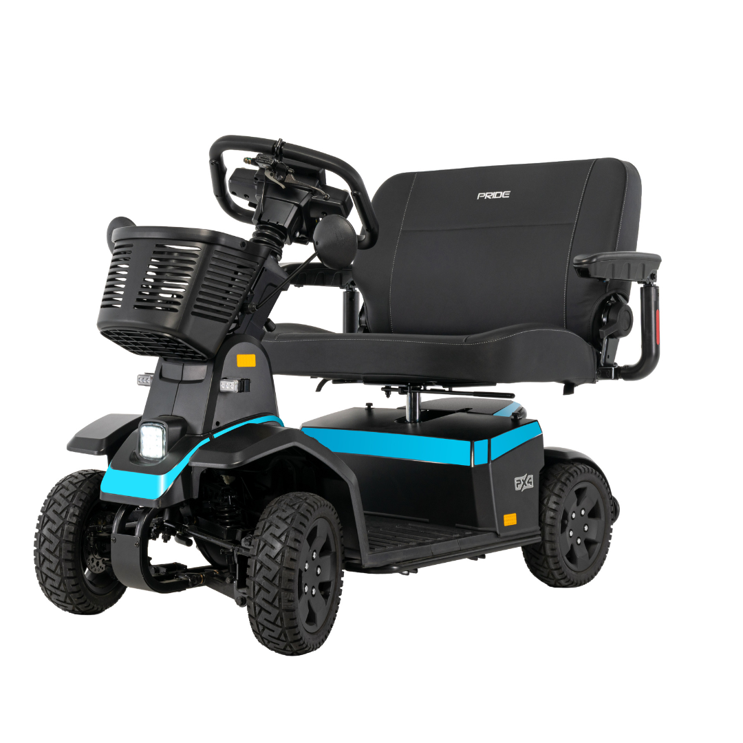 The Pride Mobility PX4 HD Bariatric Scooter is a black and blue heavy-duty model with a wide seat, armrests, four sturdy wheels, front storage basket, and PRIDE branding on the backrest.