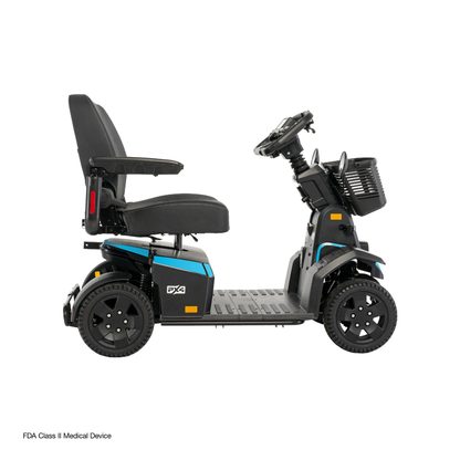 The Pride Mobility PX4 HD Bariatric Scooter is a black and blue four-wheel model with a 500 lb capacity, padded seat, armrests, front basket, and control panel, displayed in profile on a white background.