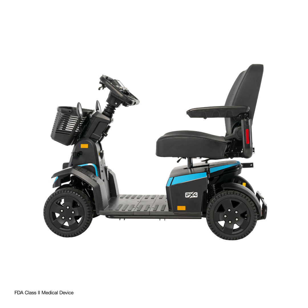 The Pride Mobility PX4 HD Bariatric Scooter, shown in profile on a white background, features a black and blue design with a padded seat, armrests, front basket, and control panel.