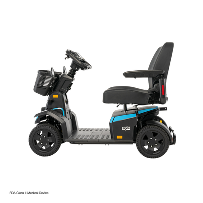 The Pride Mobility PX4 HD Bariatric Scooter, shown in profile on a white background, features a black and blue design with a padded seat, armrests, front basket, and control panel.
