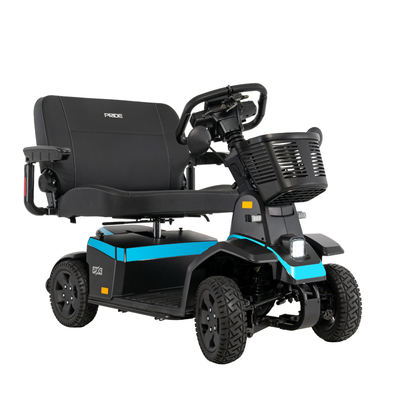 The Pride Mobility PX4 HD Bariatric Scooter is a black and blue, heavy-duty four-wheel scooter featuring a wide padded seat with backrest and armrests, front basket, handlebars, and headlights for personal transportation assistance.