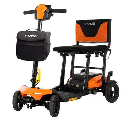 The Pride Mobility Go Go® Super Portable Mobility Scooter features a compact orange and black design with four wheels, black seat and backrest, front storage pouch labeled Pride, handlebars, and an airline-approved battery for travel.