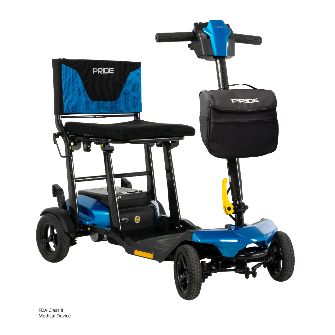 The Pride Mobility Go Go® Super Portable Mobility Scooter is a blue and black, four-wheel scooter with handlebars, padded seat and backrest, attached storage bag, airline-approved lithium battery, and displays the Pride logo on both the seat and bag.
