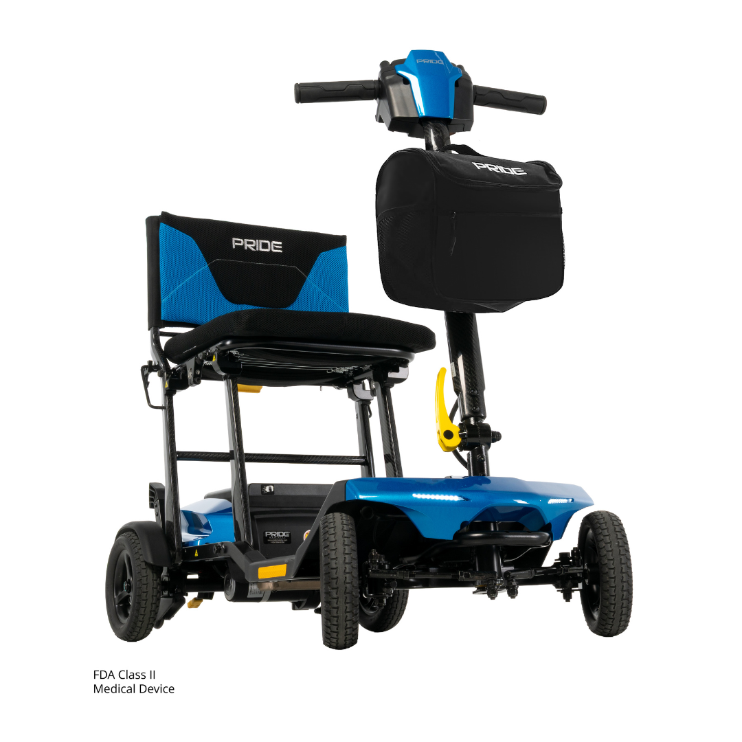 The Pride Mobility Go Go® Super Portable Mobility Scooter is a blue and black, four-wheeled scooter with a padded seat, adjustable armrests, front storage pouch, lightweight design, and is an FDA Class II medical device.