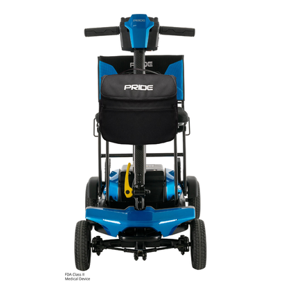 A rear view of the Pride Mobility Go Go® Super Portable Mobility Scooter, featuring a blue body, black seat, storage pouch, four wheels, and handlebars—lightweight and designed to aid personal mobility.