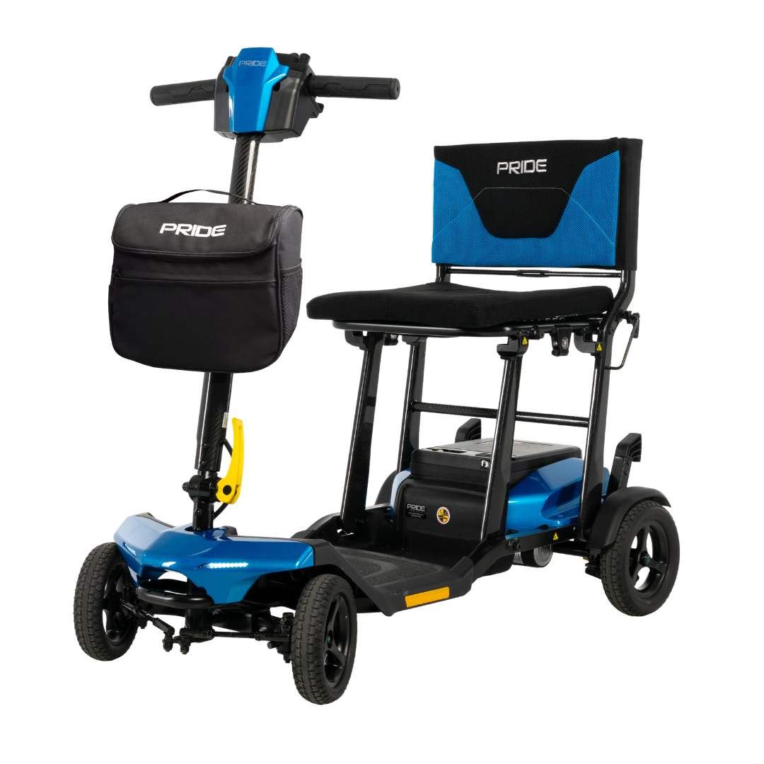 The Pride Mobility Go Go® Super Portable Mobility Scooter is a blue and black four-wheel scooter with a lightweight frame, black Pride-branded seat, armrests, handlebar storage bag, and an airline-approved battery for travel.