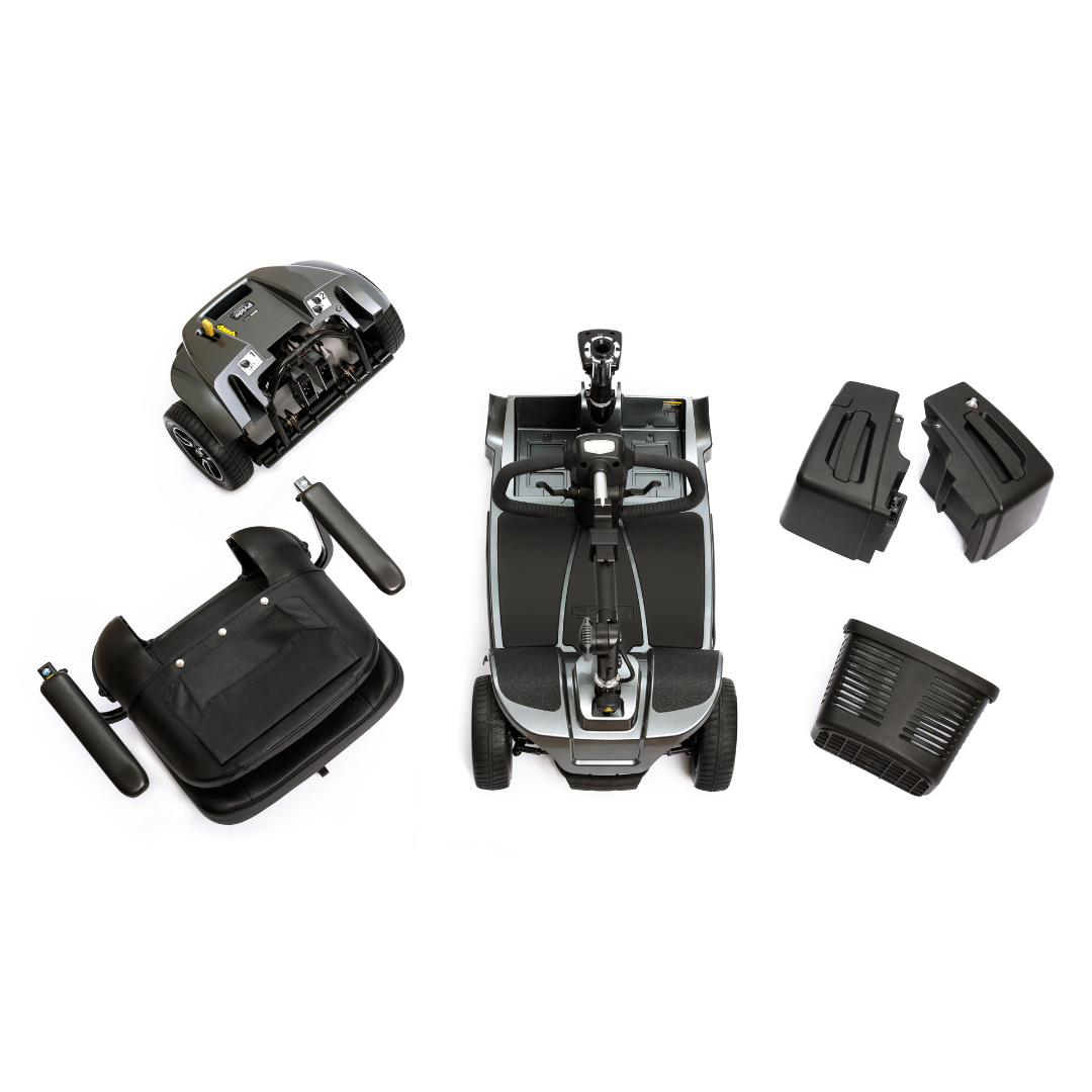 The Pride Mobility Revo® 2.0 4-Wheel Scooter is shown disassembled from above into five main parts: base with wheels, seat, two armrests, battery pieces, and a basket, all arranged on a white background.