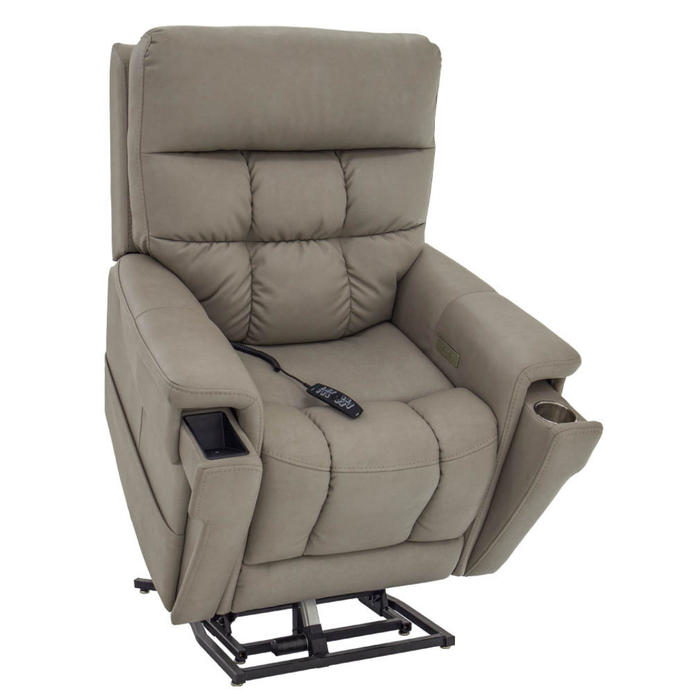 A beige, padded Pride VivaLift Ultra PLR4955 Recliner with Lift Assist, high back, cupholder, side control panel, wired remote on the seat, heat and massage features. The chair’s base mechanism is partially visible.