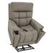 A beige, padded Pride VivaLift Ultra PLR4955 Recliner with Lift Assist, high back, cupholder, side control panel, wired remote on the seat, heat and massage features. The chair’s base mechanism is partially visible.